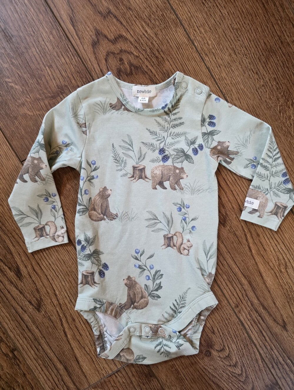 Newbie Sage Green Woodland Bear Long-Sleeve Bodysuit